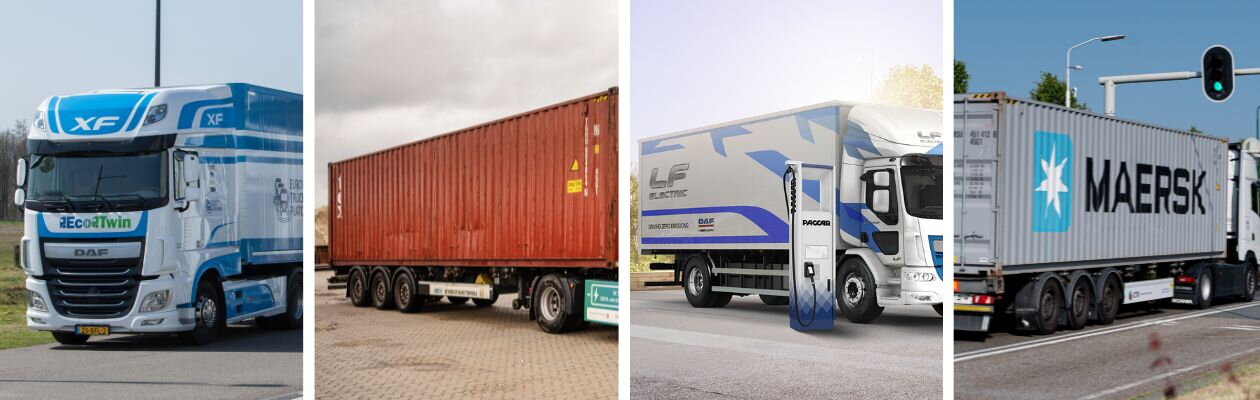 Collagebeeld van vier vrachtwagens