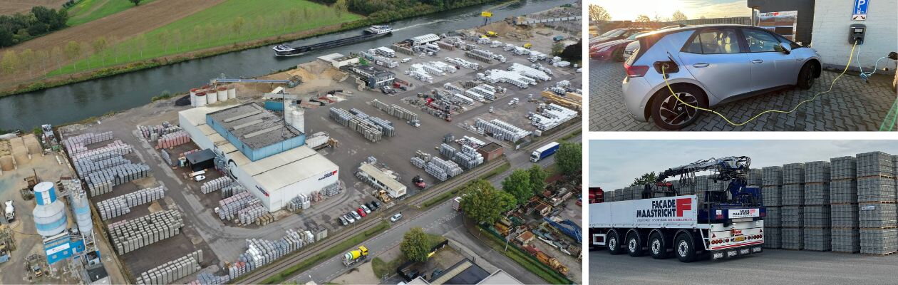 Facade beton collagefoto van bovenaanzicht fabriek, elektrische auto en vrachtwagen met stenen