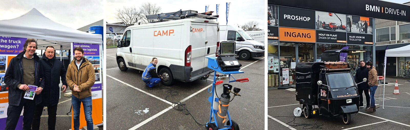 Diverse personen en een bestelwagen waarvan de bandenspanning wordt gecheckt