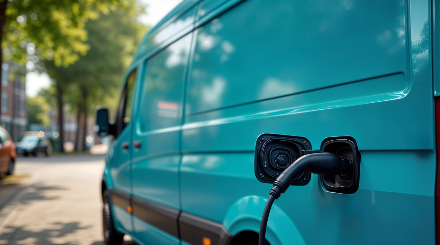 Blauwe elektrische bestelauto die wordt opgeladen