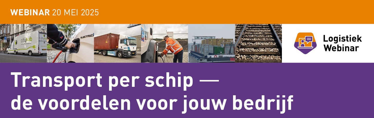 Verzameling diverse vervoermiddelen en tekst: Webinar 20 mei 2025; Transport per schip - de voordelen voor jouw bedrijf