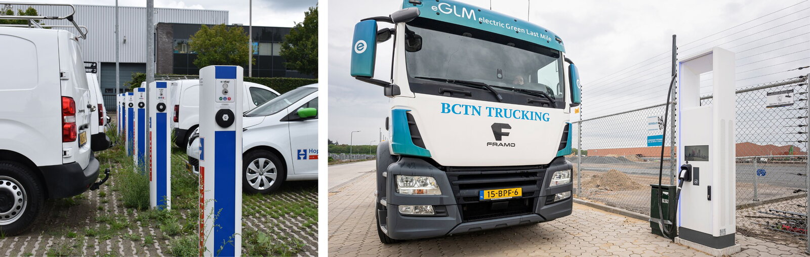 Bestelwagens en truck aan laadpaal; twee foto's