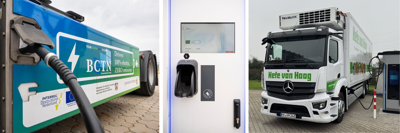 3 foto's: e-truck met laadkabel, laadpaal en e-truck aan laadpaal