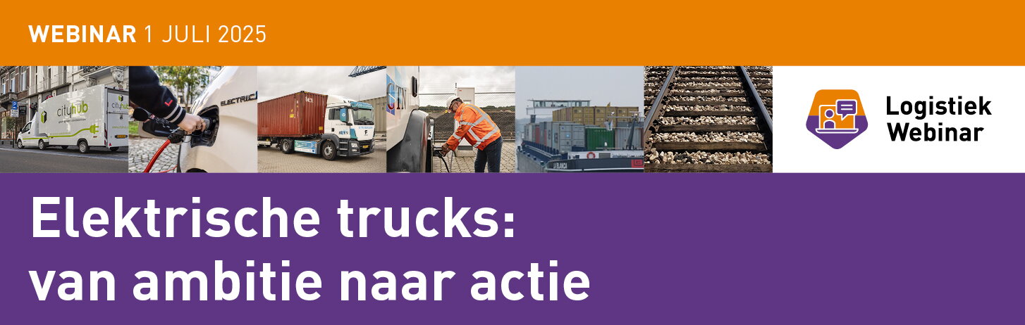 Illustratief beeld met tekst webinar 'Elektrische trucks: van ambitie naar actie' en foto's van diverse vervoermiddelen zoals vervoer over water, elektrische bestelbus en vrachtwagen en treinrails