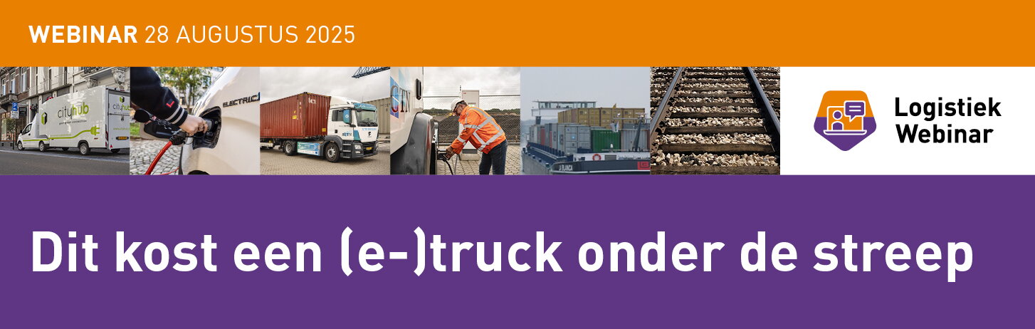 Illustratief beeld met tekst Webinar 28 augustus dit kost een (e-)truck onder de streep plus 6 foto's vervoermiddelen