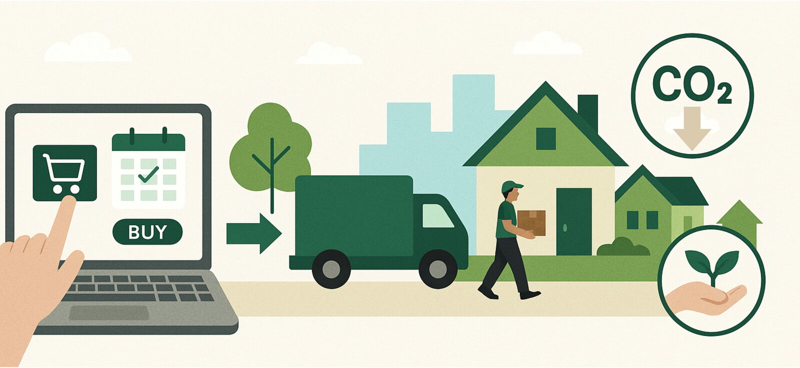Illustratie hoe Wuunder werkt: kies een duurzame bezorgdag bij je bestelling en er wordt met minder CO2 bezorgd