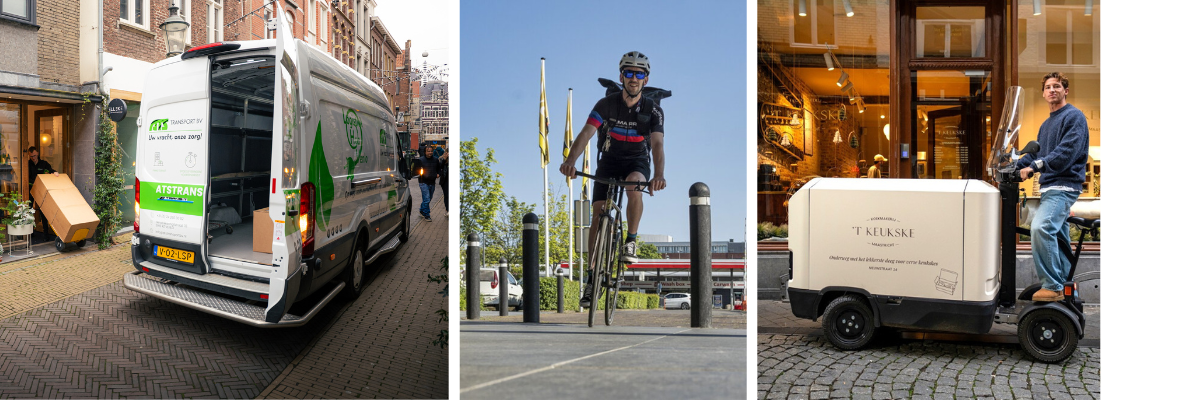 Collagebeeld goederenhub fietskoerier en licht elektrisch voertuig