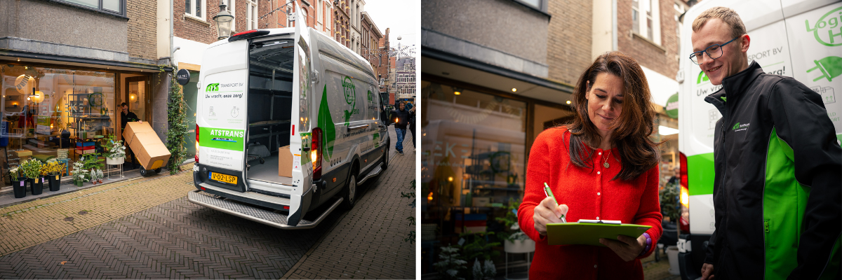 Collagebeeld stadslogistieke hub: elektrische bestelbus in binnenstad en onderneemster die tekent voor ontvangst