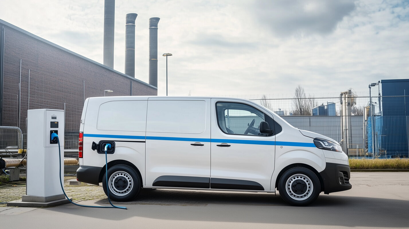 Elektrische bestelauto aan oplaadpaal op bedrijventerrein, beeld gemaakt met AI