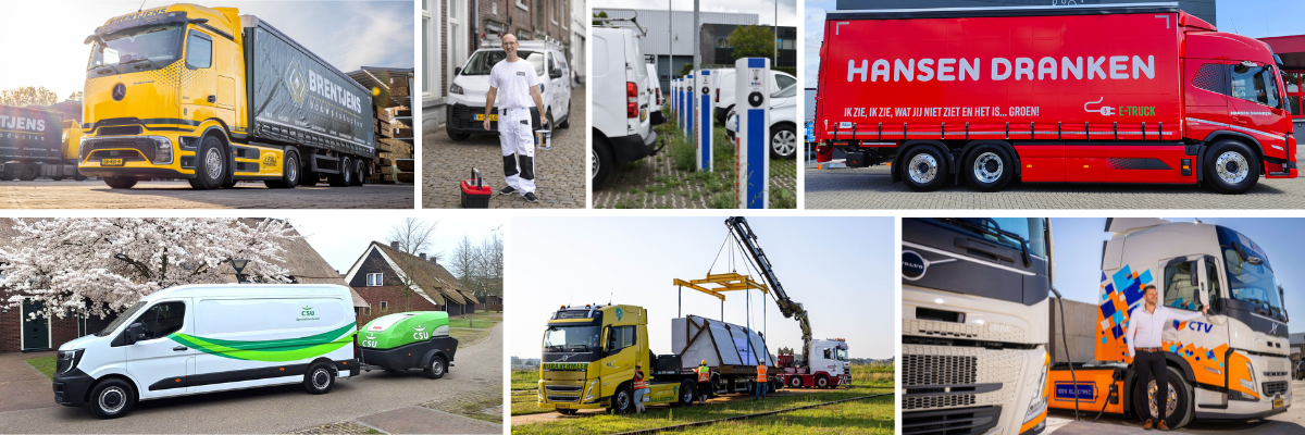 Collagebeeld van 4 elektrische trucks en diverse elektrische bestelwagens en 2 personen