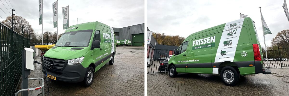 Elektrische bestelbus van Frissen Groen Techniek aan de oplader, vanuit twee hoeken een foto