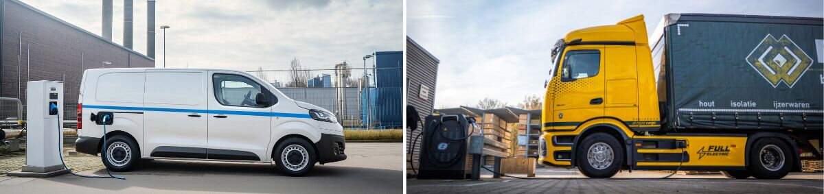 Elektrische bestelbus en elektrische truck aan oplader