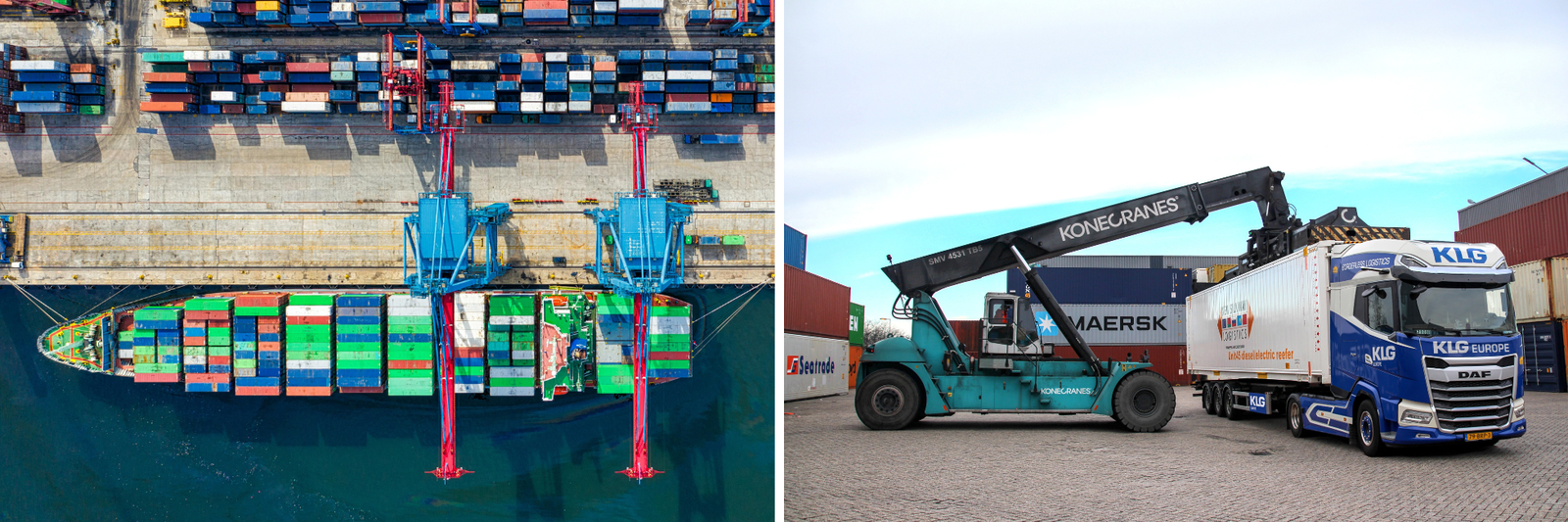 Schip in haven en container die geladen wordt op truck van KLG