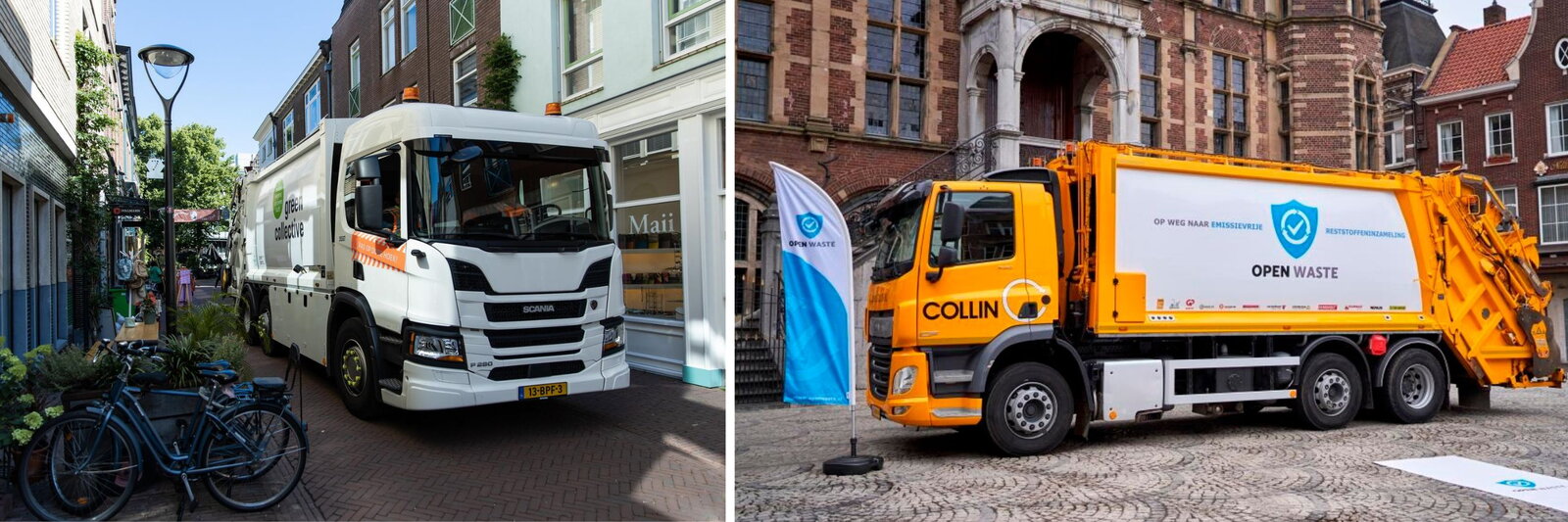 Twee foto's: de bedrijfsafvalinzamelwagen van Green Collective in Maastricht en die van Open Waste in Venlo