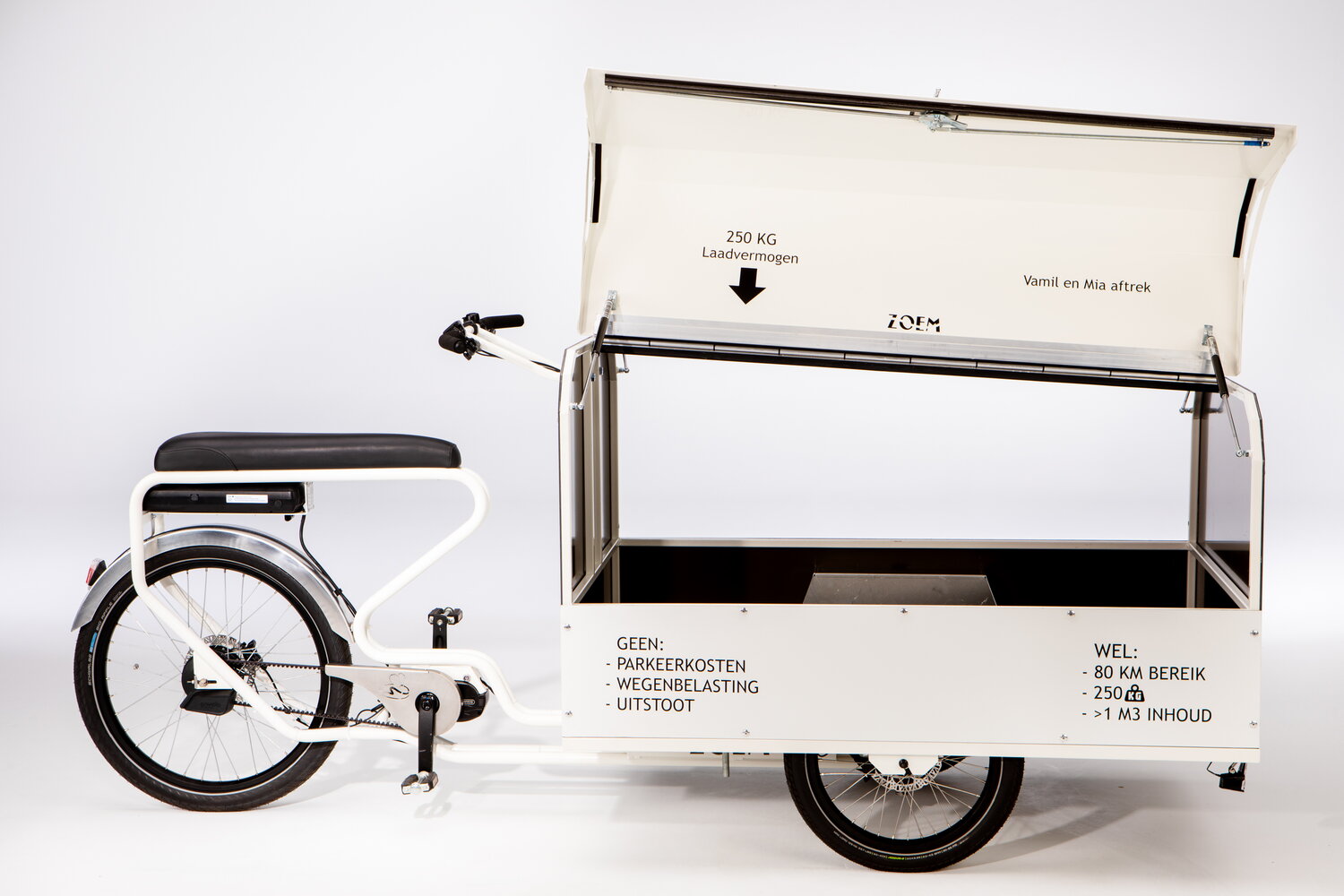 Elektrische Bakfiets ZOEM Bike zijaanzicht met klep van bak open