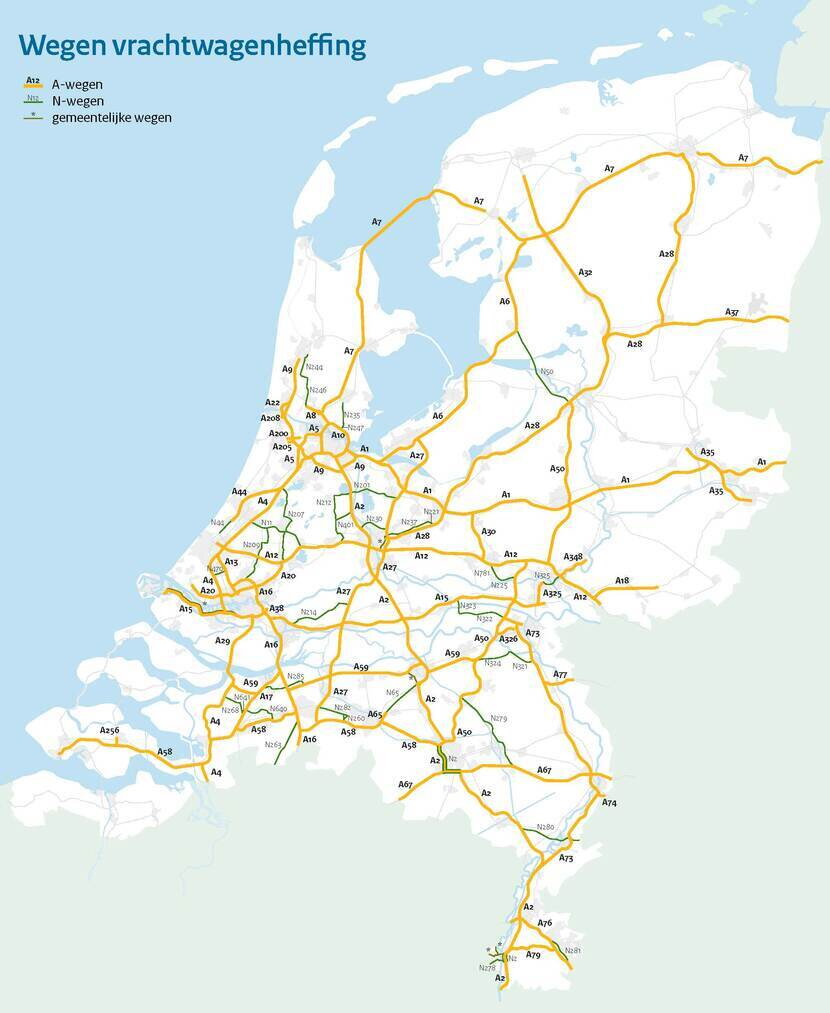 Kaart van Nederland die laat zien op welke wegen de vrachtwagenheffing gaat gelden. Voor een lijst met alle wegen kijk op https://www.vrachtwagenheffing.nl/wegen-vrachtwagenheffing