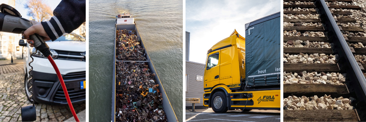 Bestelwagen, schip, vrachtwagen, rails in één foto
