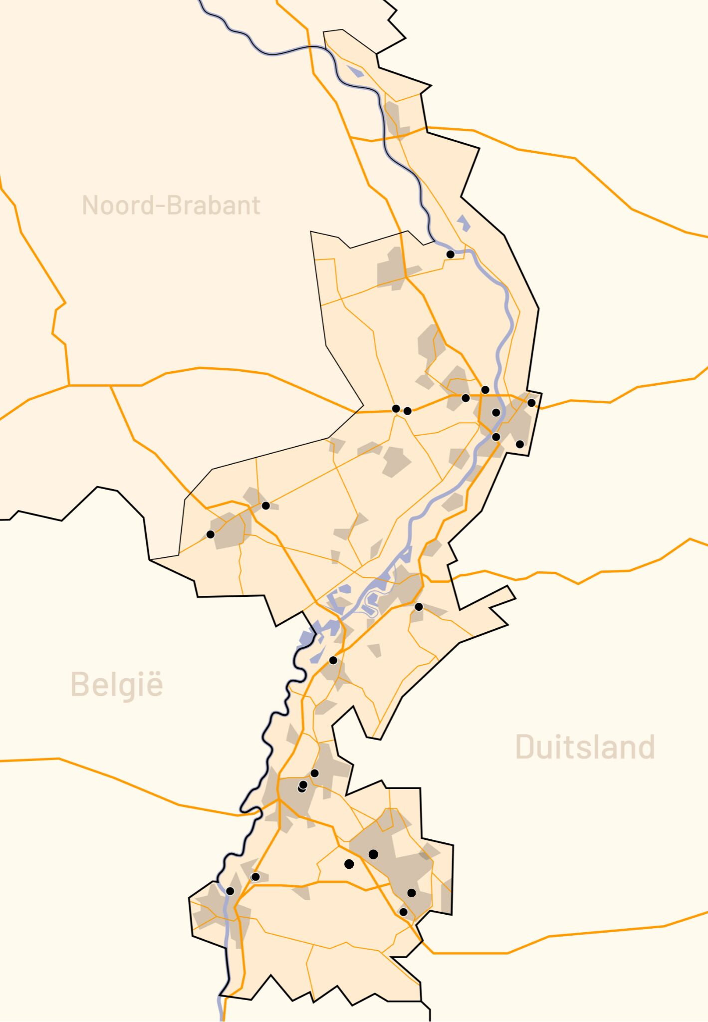 Kaart van provincie Limburg waar 22 locaties voor e-trucks opstaan 